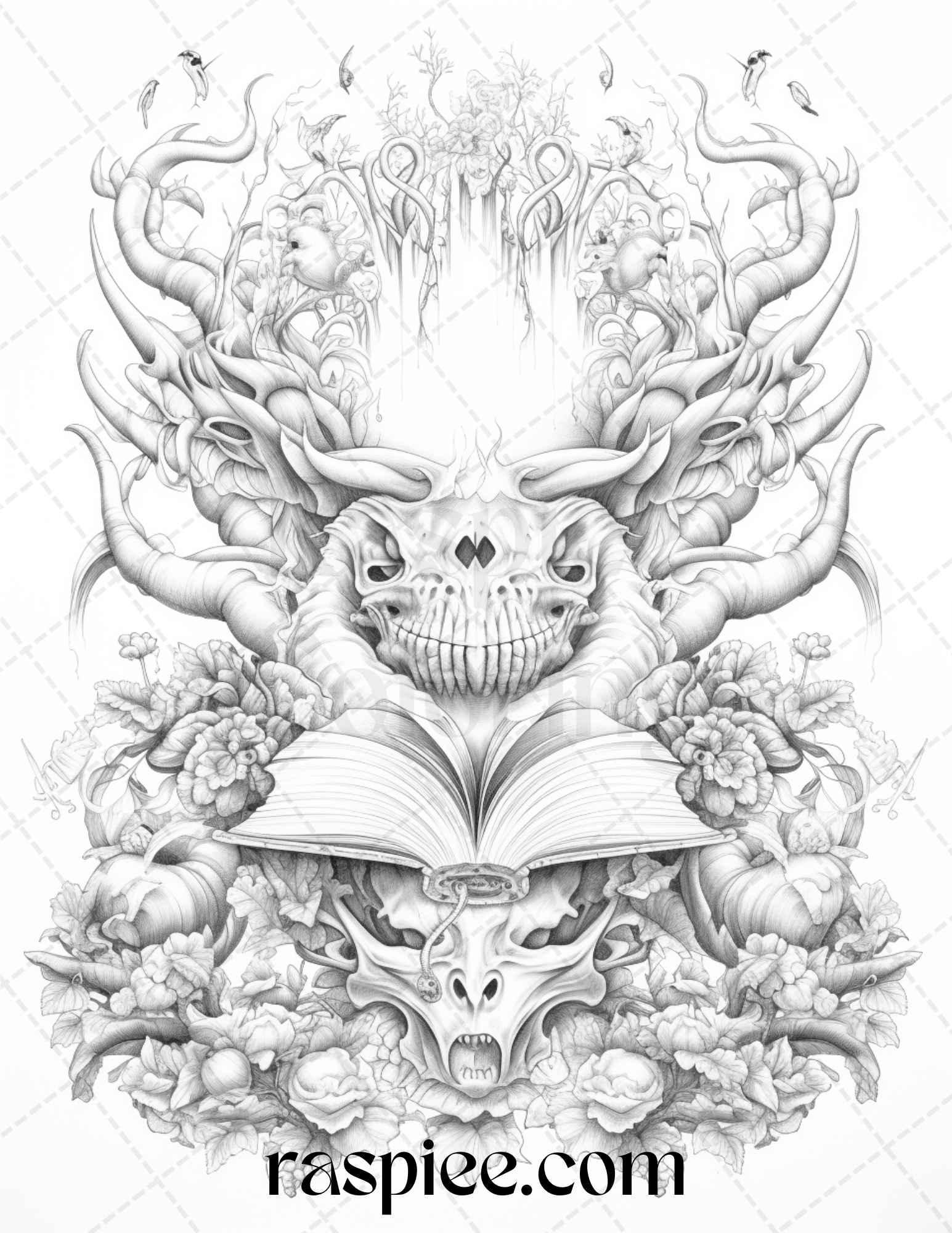 50 Magical Books Grayscale Coloring Pages Printable for Adults, PDF File Instant Download