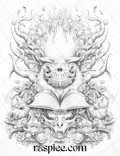 50 Magical Books Grayscale Coloring Pages Printable for Adults, PDF File Instant Download