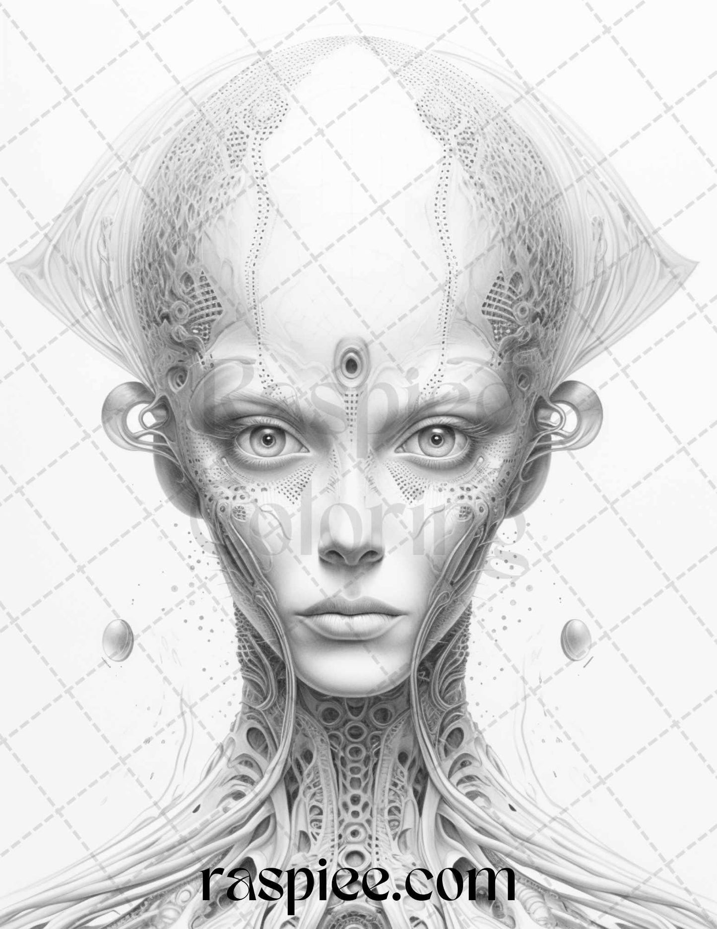 65 Alien Portrait Grayscale Coloring Pages for Adults, Printable PDF File Instant Download