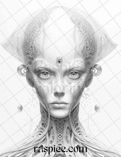 65 Alien Portrait Grayscale Coloring Pages for Adults, Printable PDF File Instant Download