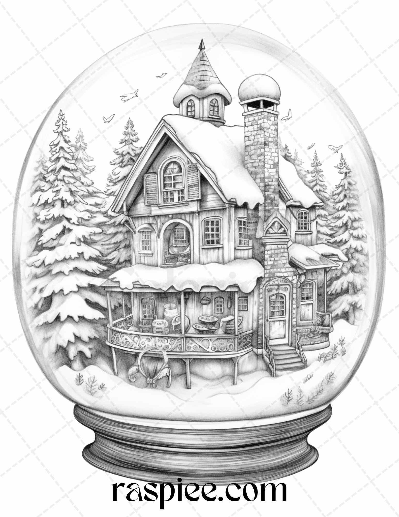 Cozy Cabin in Snow Globe Grayscale Coloring Pages Printable for Adults, PDF File Instant Download