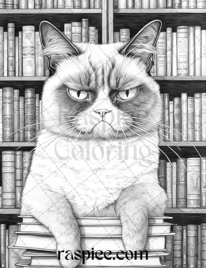 50 Grumpy Cat Grayscale Coloring Pages Printable for Adults, PDF File Instant Download