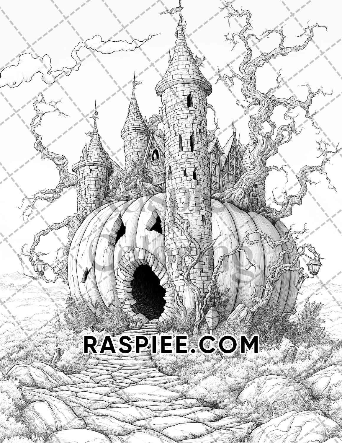 Fantasy Giant Pumpkin Castles Adult Coloring Pages Printable PDF Instant Download
