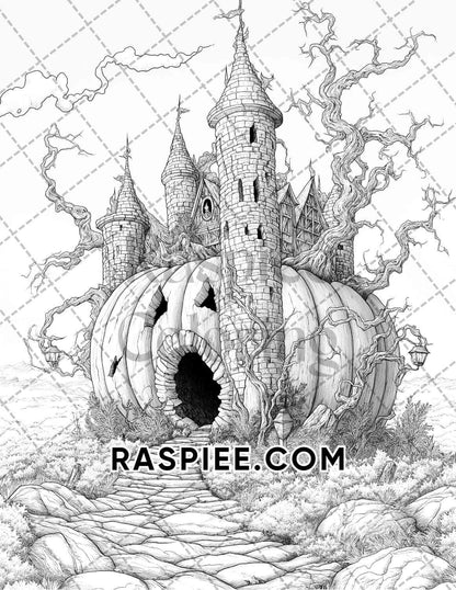 Fantasy Giant Pumpkin Castles Adult Coloring Pages Printable PDF Instant Download