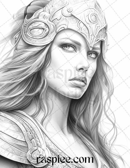 Greek Women Warriors Grayscale Coloring Pages for Adults, Printable PDF File Instant Download