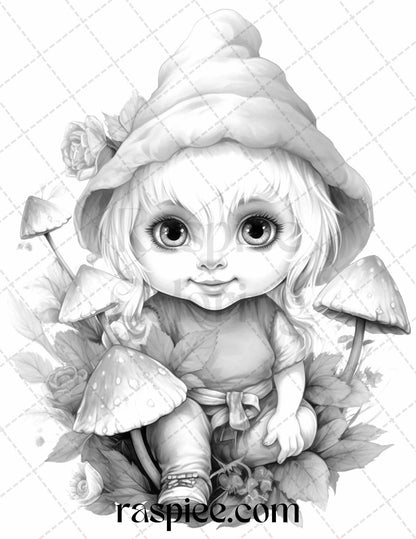 50 Flower Gnomes Grayscale Coloring Pages Printable for Adults Kids, PDF File Instant Download