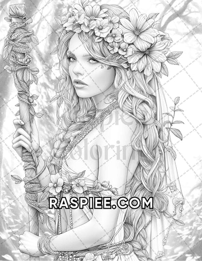 60 Fantasy Beauties Grayscale Adult Coloring Pages Printable PDF Instant Download
