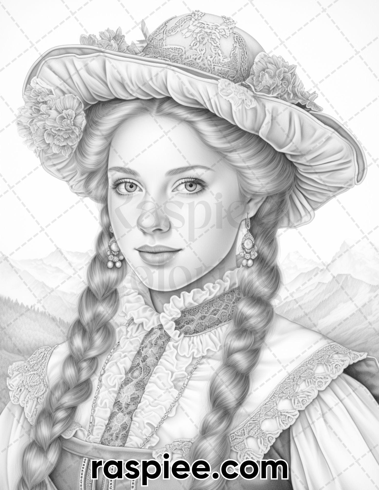 55 Traditional Swiss Girls Grayscale Adult Coloring Pages, Printable PDF Instant Download