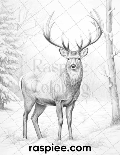 55 Winter Wildlife Grayscale Coloring Pages for Adults, Printable PDF Instant Download