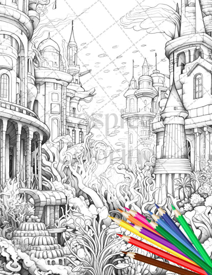 Enchanted Underwater City Grayscale Coloring Pages Printable for Adults, PDF File Instant Download
