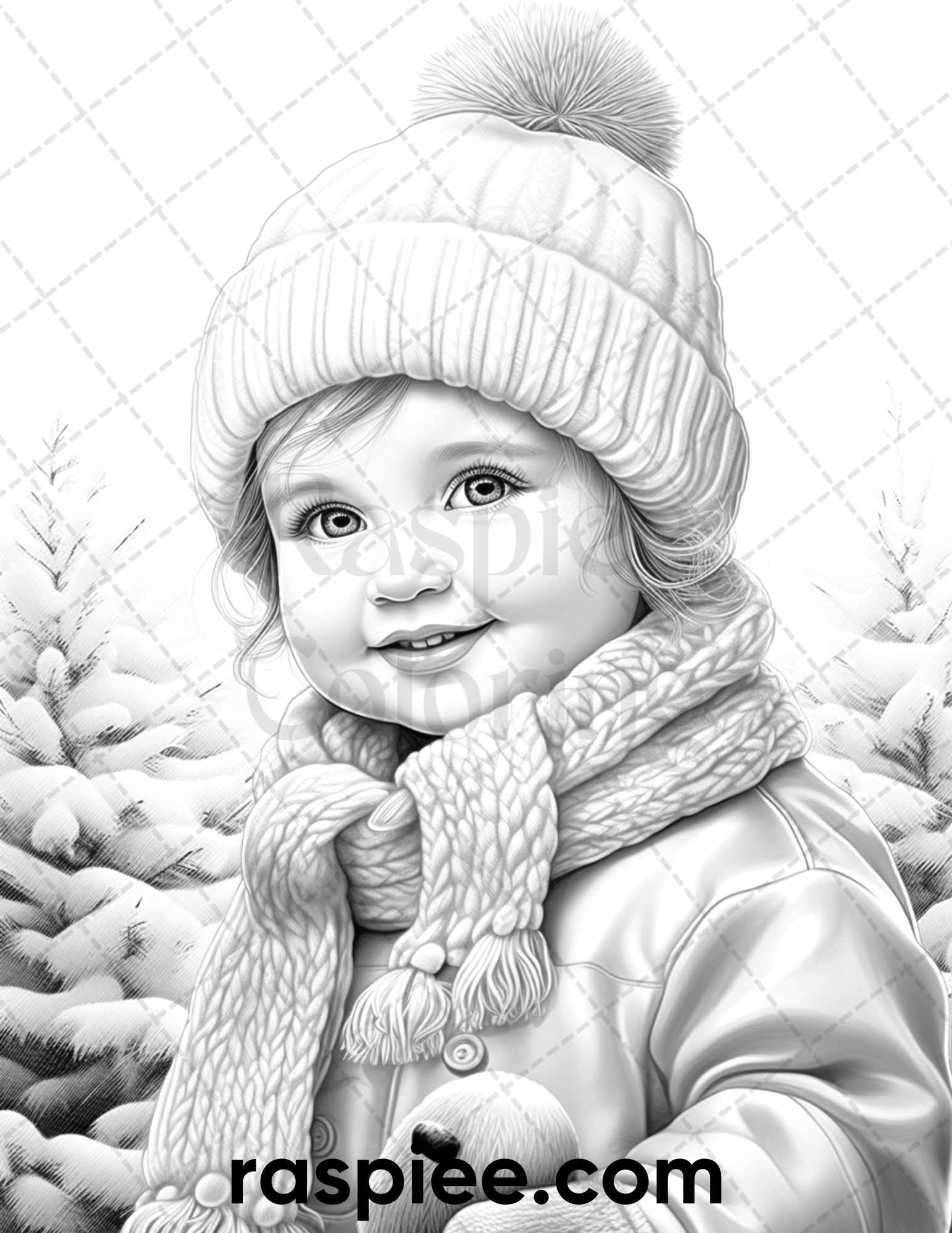 50 Baby Winter Portrait Grayscale Coloring Pages Printable for Adults, PDF File Instant Download