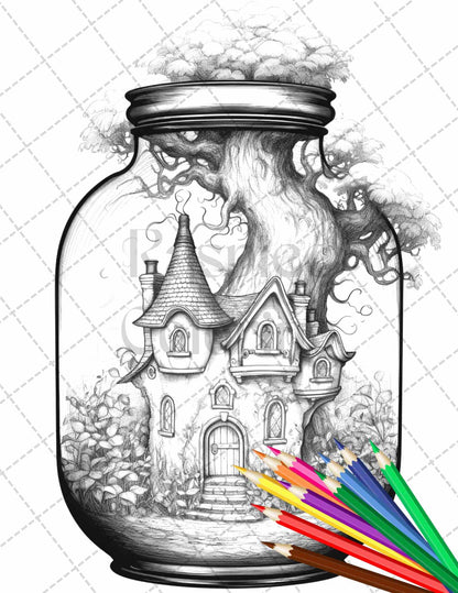 Fairy House in Jar Grayscale Coloring Pages Printable for Adults, PDF File Instant Download