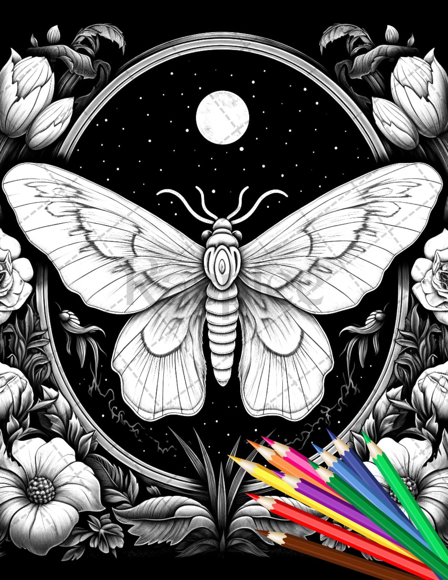 32 Beautiful Moths and Floral Coloring Book for Adults, Grayscale Coloring Page, Printable PDF Instant Download