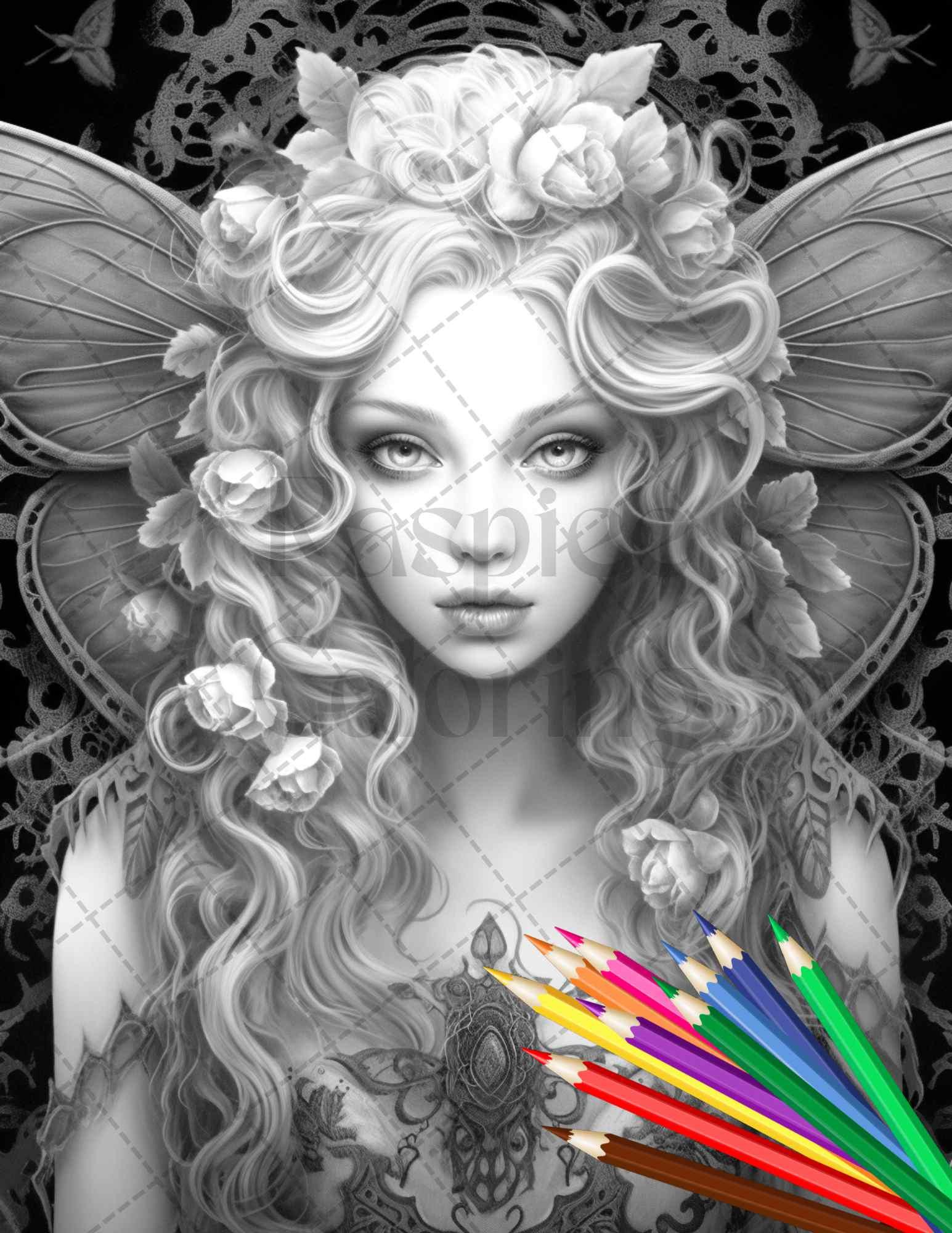 Beautiful Dark Fairy Grayscale Coloring Pages Printable for Adults, PDF File Instant Download