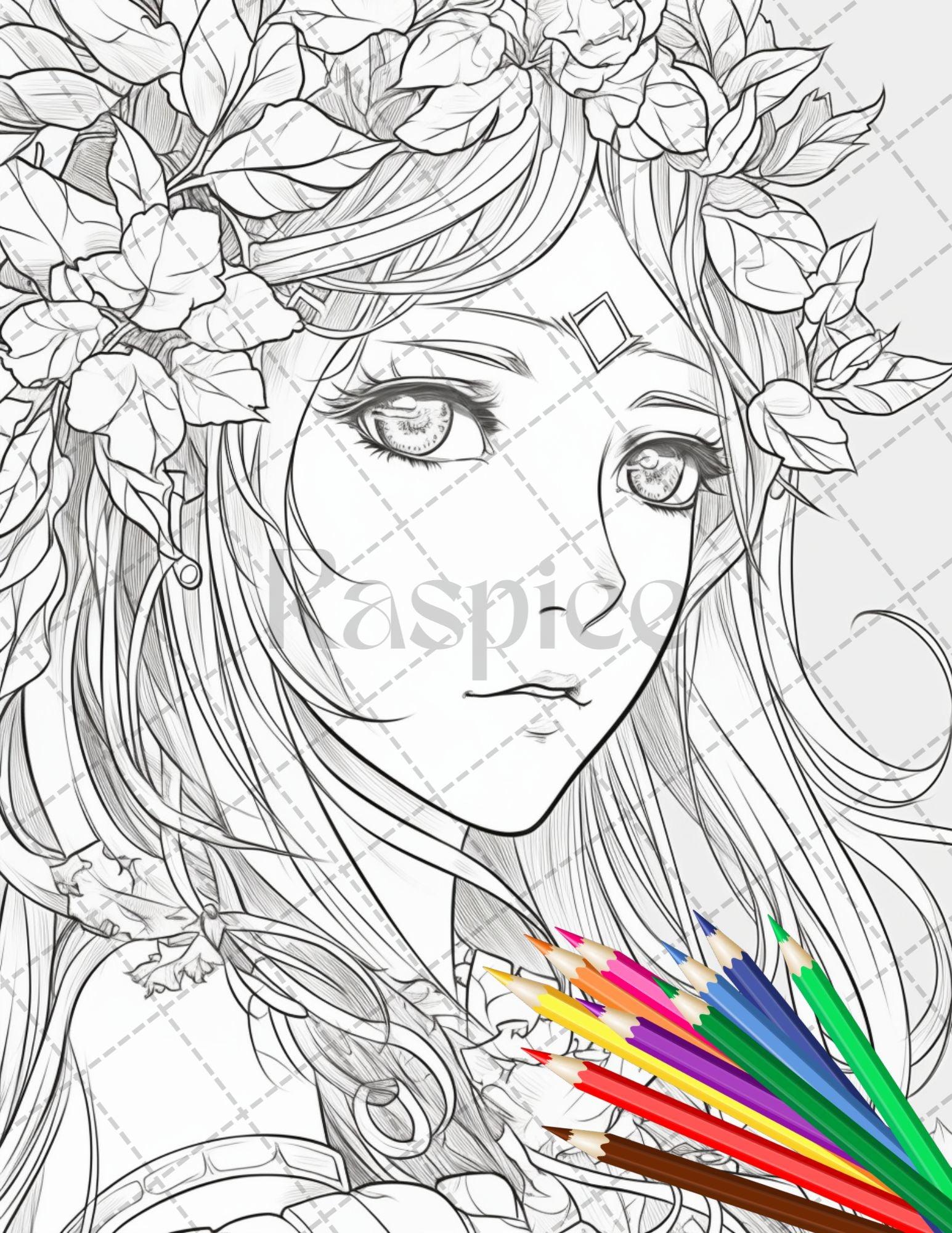 32 Anime Fairy Girl Printable Coloring Pages for Adults, Cute Fairy Grayscale Coloring Book, Printable PDF File Download