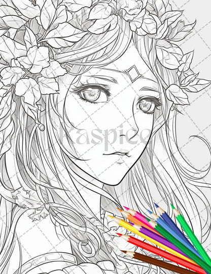 32 Anime Fairy Girl Printable Coloring Pages for Adults, Cute Fairy Grayscale Coloring Book, Printable PDF File Download