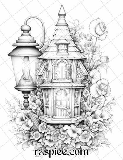 50 Lantern Fairy Houses Grayscale Coloring Pages Printable for Adults, PDF File Instant Download