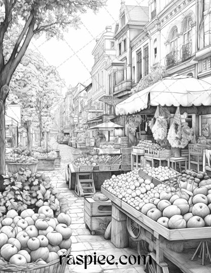 Autumn Street Markets Grayscale Coloring Pages for Adults, Printable PDF File Instant Download