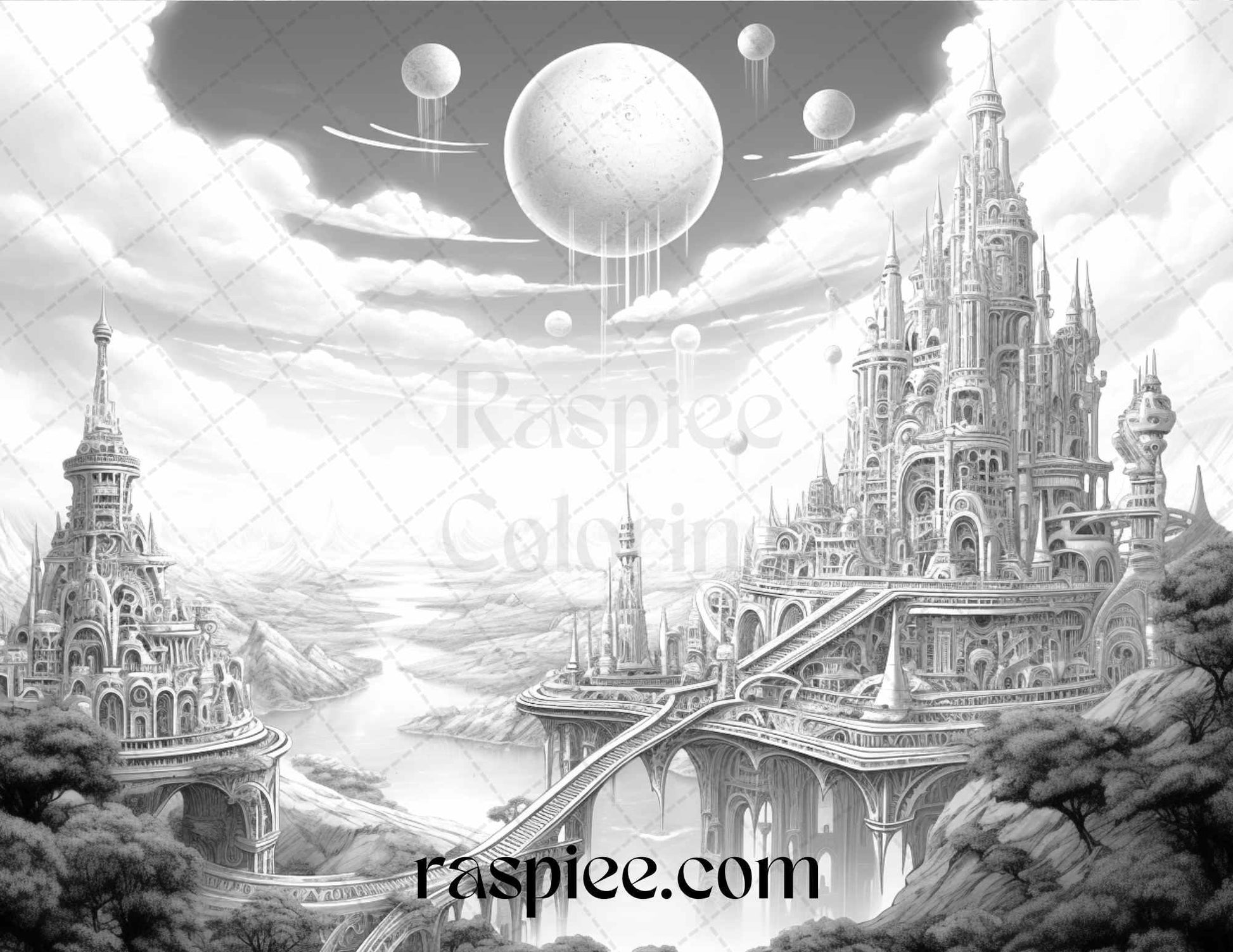 55 Celestial Landscapes Grayscale Coloring Pages Printable for Adults, PDF File Instant Download