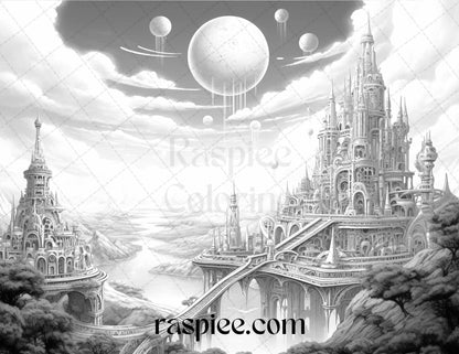 55 Celestial Landscapes Grayscale Coloring Pages Printable for Adults, PDF File Instant Download