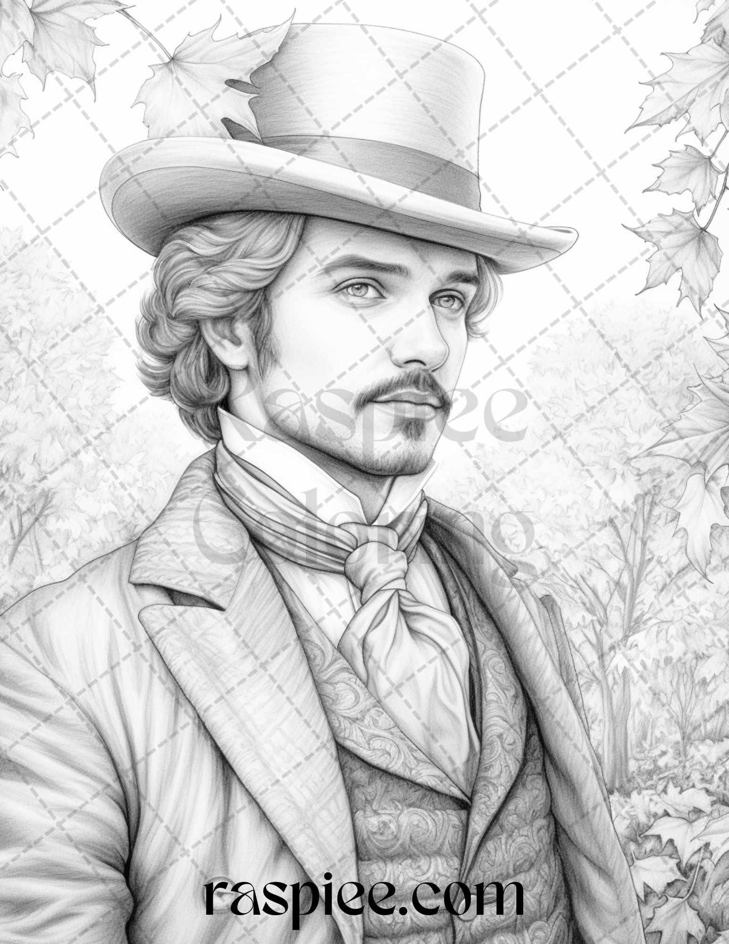 60 Victorian Autumn Portrait Grayscale Coloring Pages Printable for Adults, PDF File Instant Download