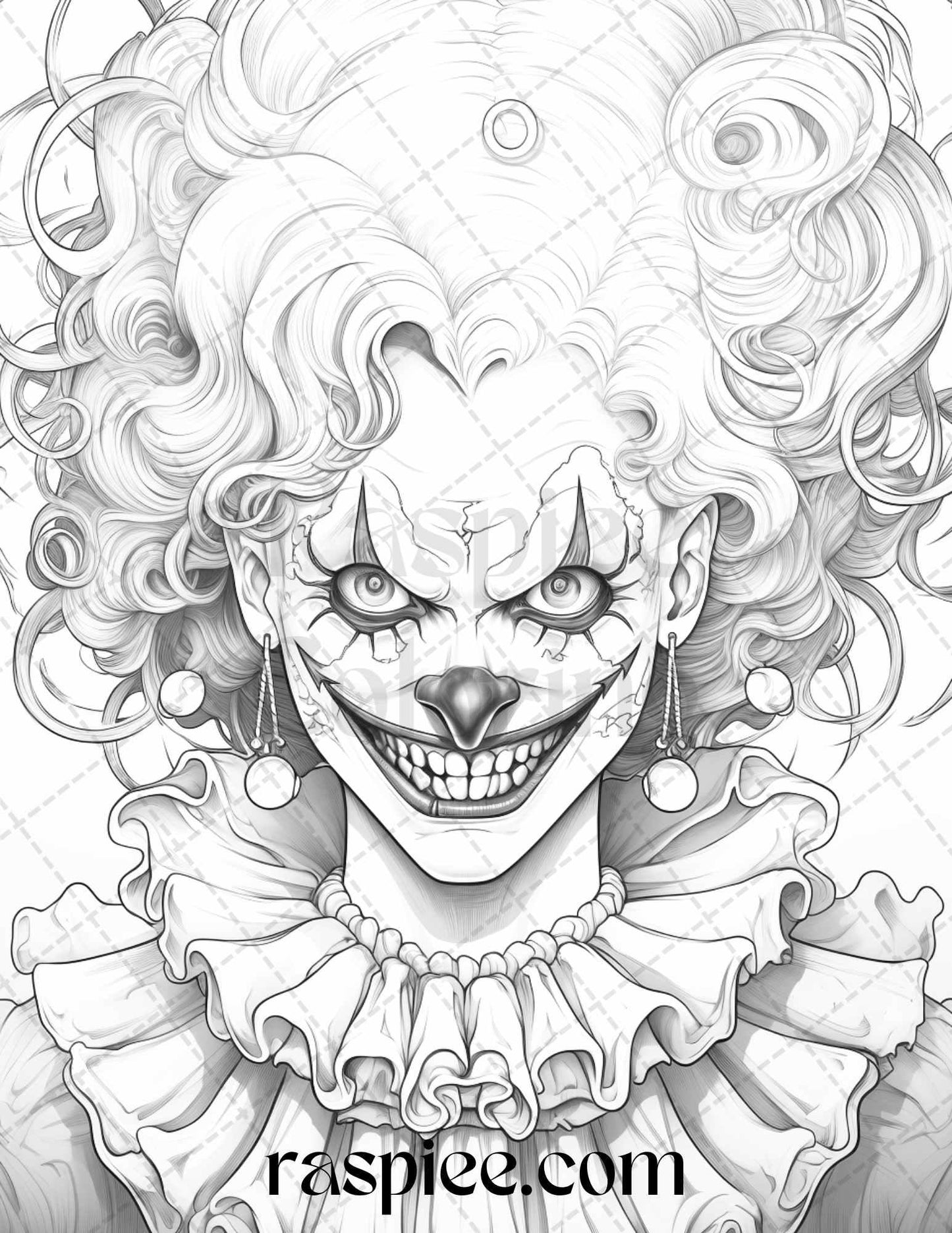 50 Scary Clown Girls Grayscale Coloring Pages Printable for Adults, PDF File Instant Download