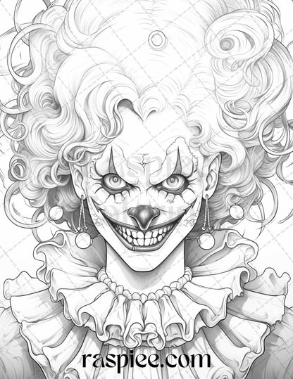 50 Scary Clown Girls Grayscale Coloring Pages Printable for Adults, PDF File Instant Download