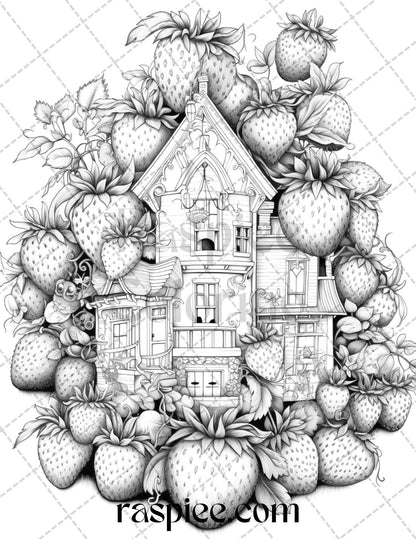 50 Strawberry Houses Grayscale Coloring Pages Printable for Adults Kids, PDF File Instant Download