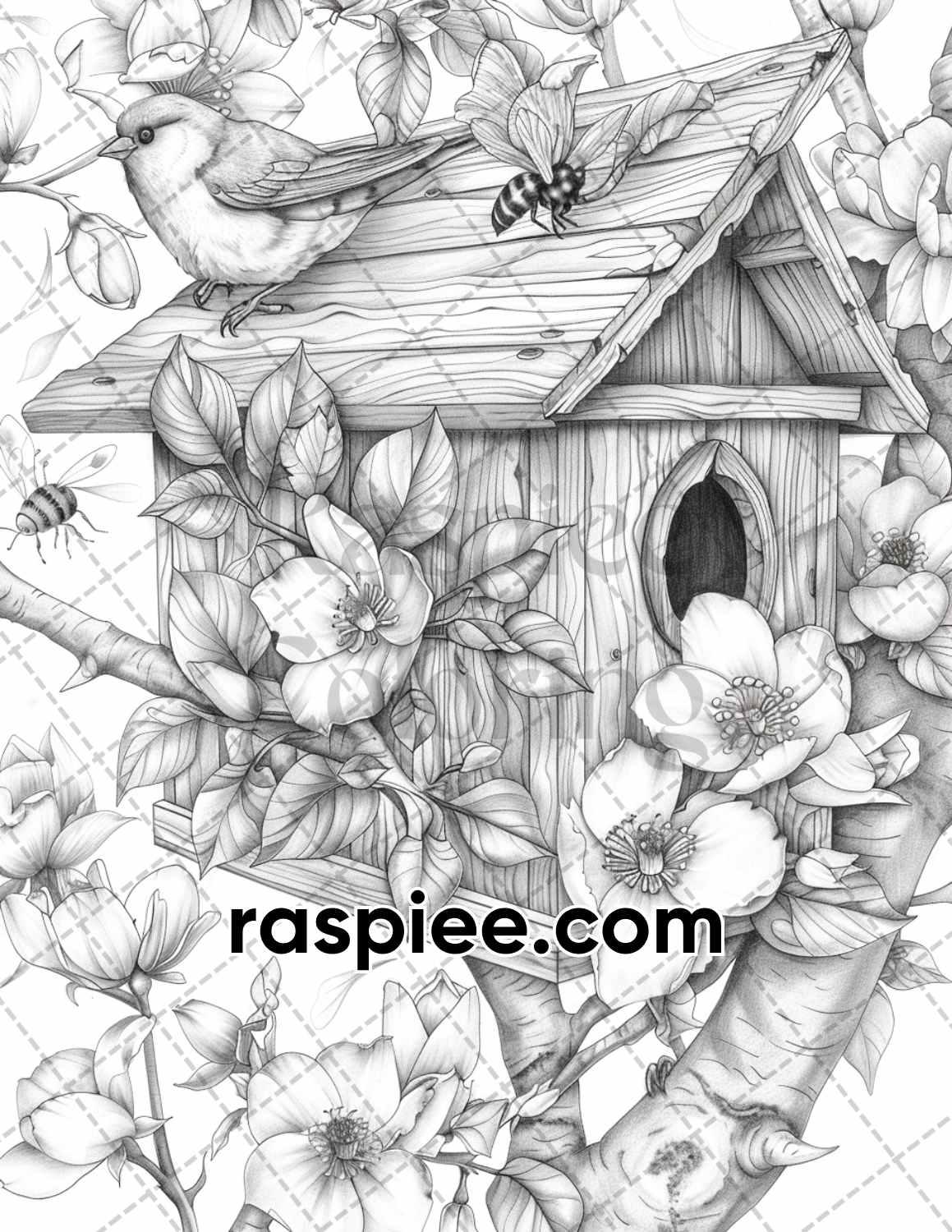 70 Enchanted Birdhouses Grayscale Adult Coloring Pages, Printable PDF Instant Download