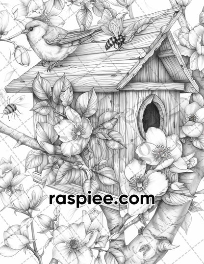 70 Enchanted Birdhouses Grayscale Adult Coloring Pages, Printable PDF Instant Download