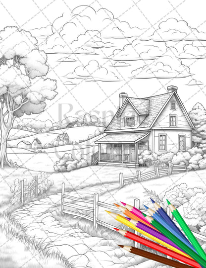 Charming Farmhouse Scenery Grayscale Coloring Pages Printable for Adults, PDF File Instant Download