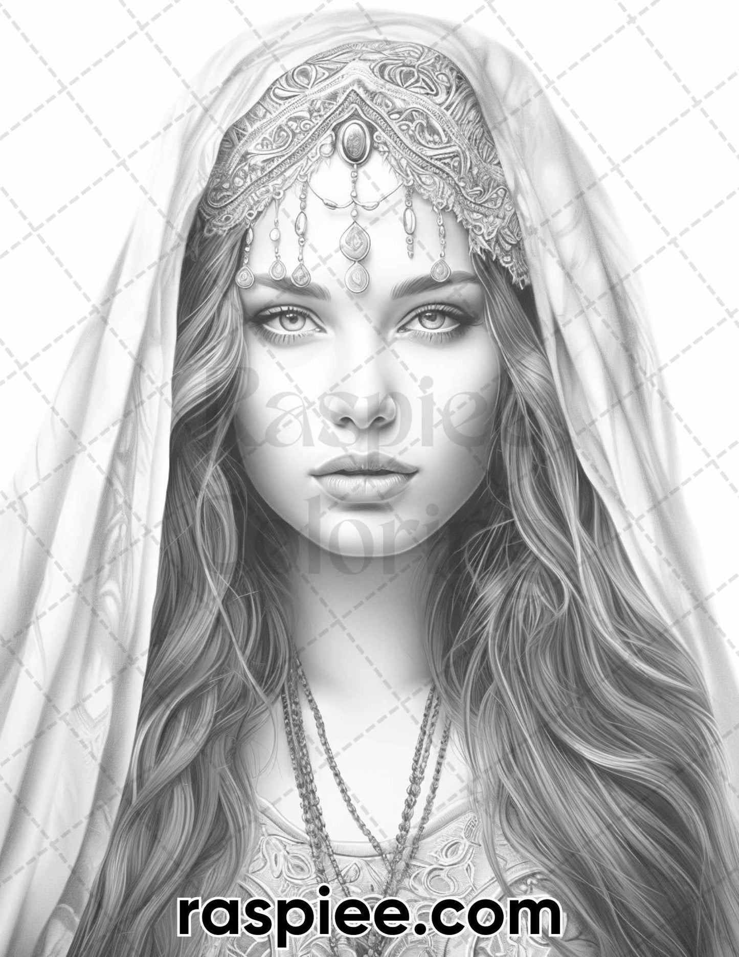 60 Bohemian Beauties Grayscale Coloring Pages for Adults, Printable PDF Instant Download