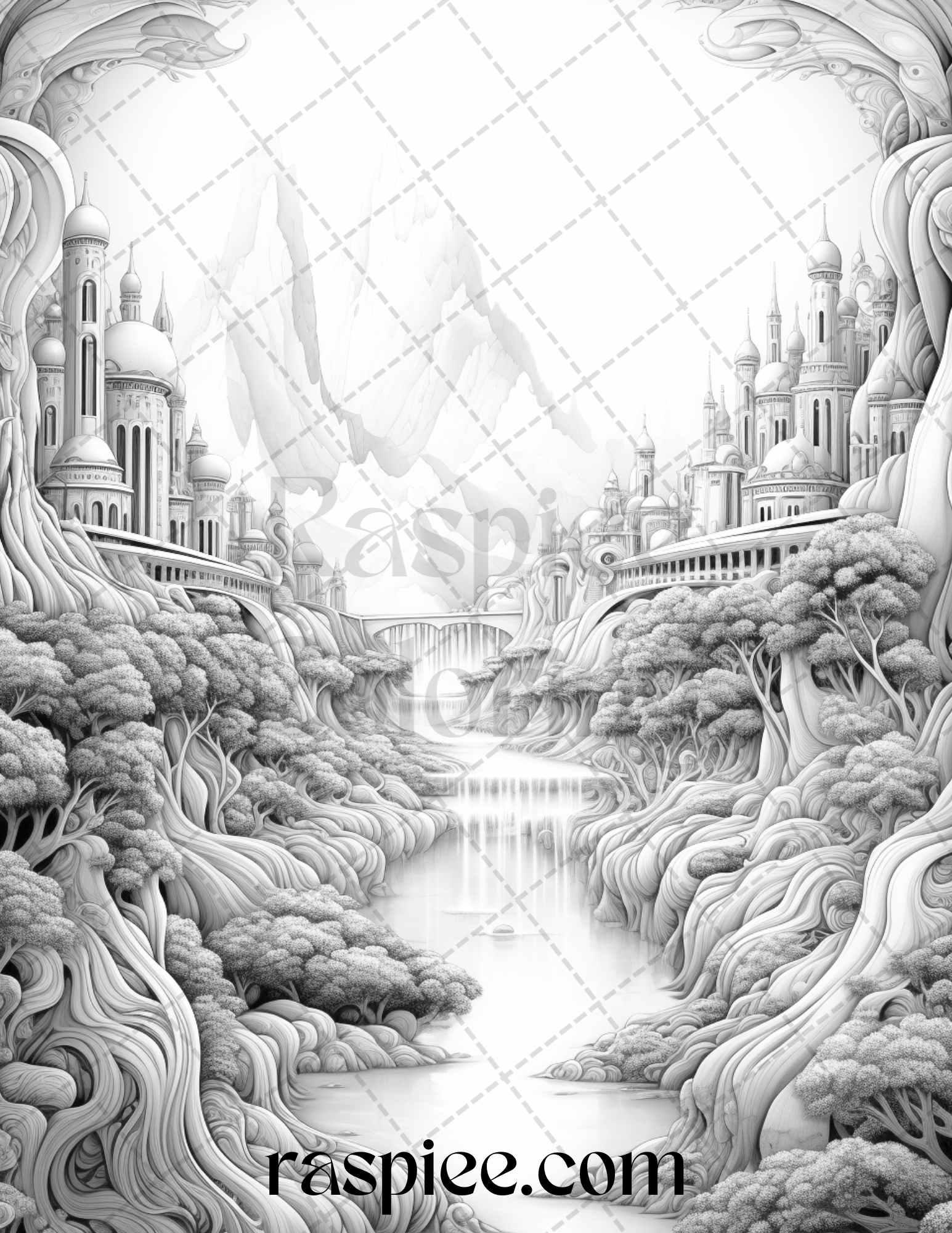 60 Enchanting Surrealism Grayscale Coloring Pages Printable for Adults, PDF File Instant Download