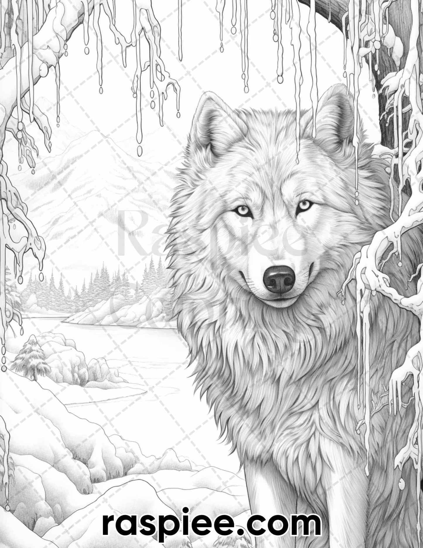 50 Winter Wolf Grayscale Coloring Pages for Adults, Printable PDF Instant Download