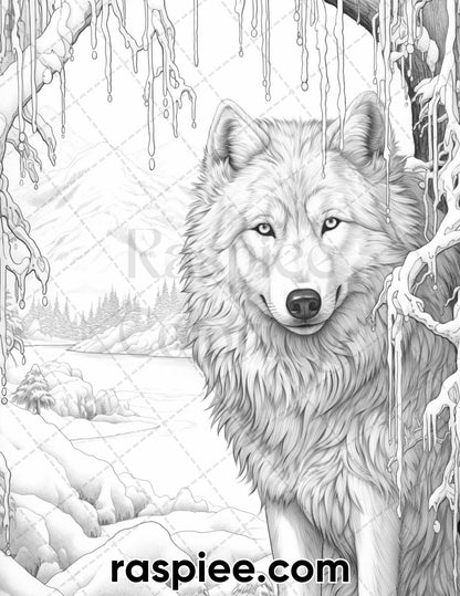 50 Winter Wolf Grayscale Coloring Pages for Adults, Printable PDF Instant Download