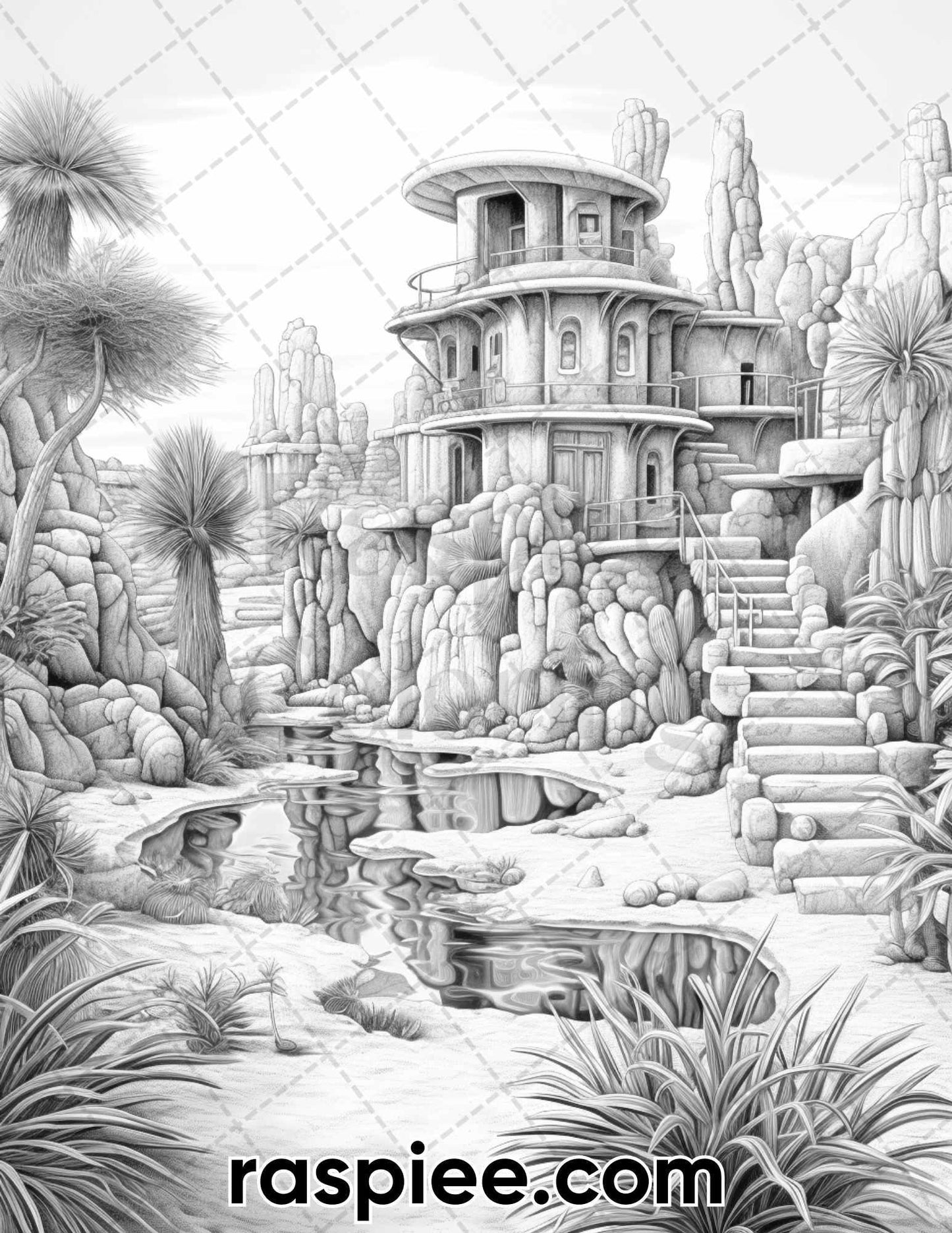 55 Desert Oasis Fairy Homes Grayscale Coloring Pages for Adults, Printable PDF Instant Download