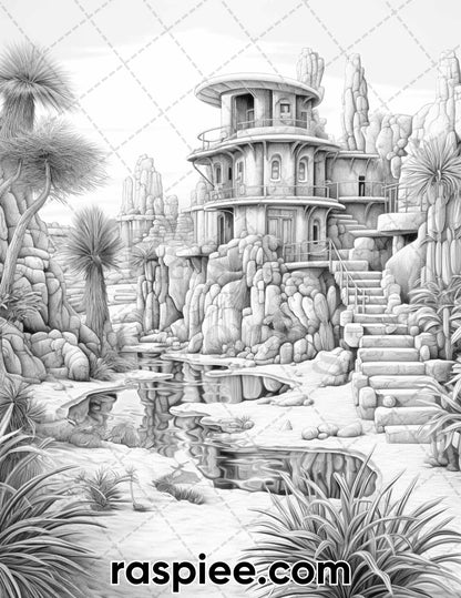55 Desert Oasis Fairy Homes Grayscale Coloring Pages for Adults, Printable PDF Instant Download