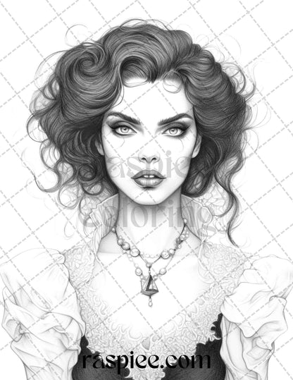 Bewitching Vampires Grayscale Coloring Pages Printable for Adults, PDF File Instant Download
