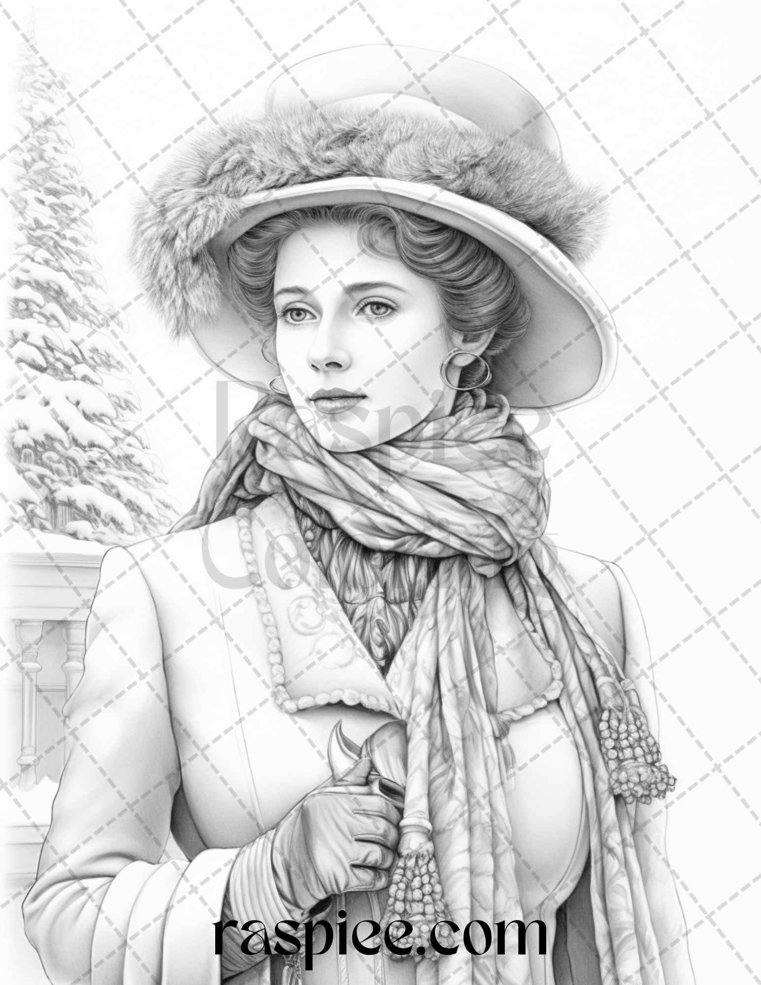60 Victorian Winter Portrait Grayscale Coloring Pages Printable for Adults, PDF File Instant Download