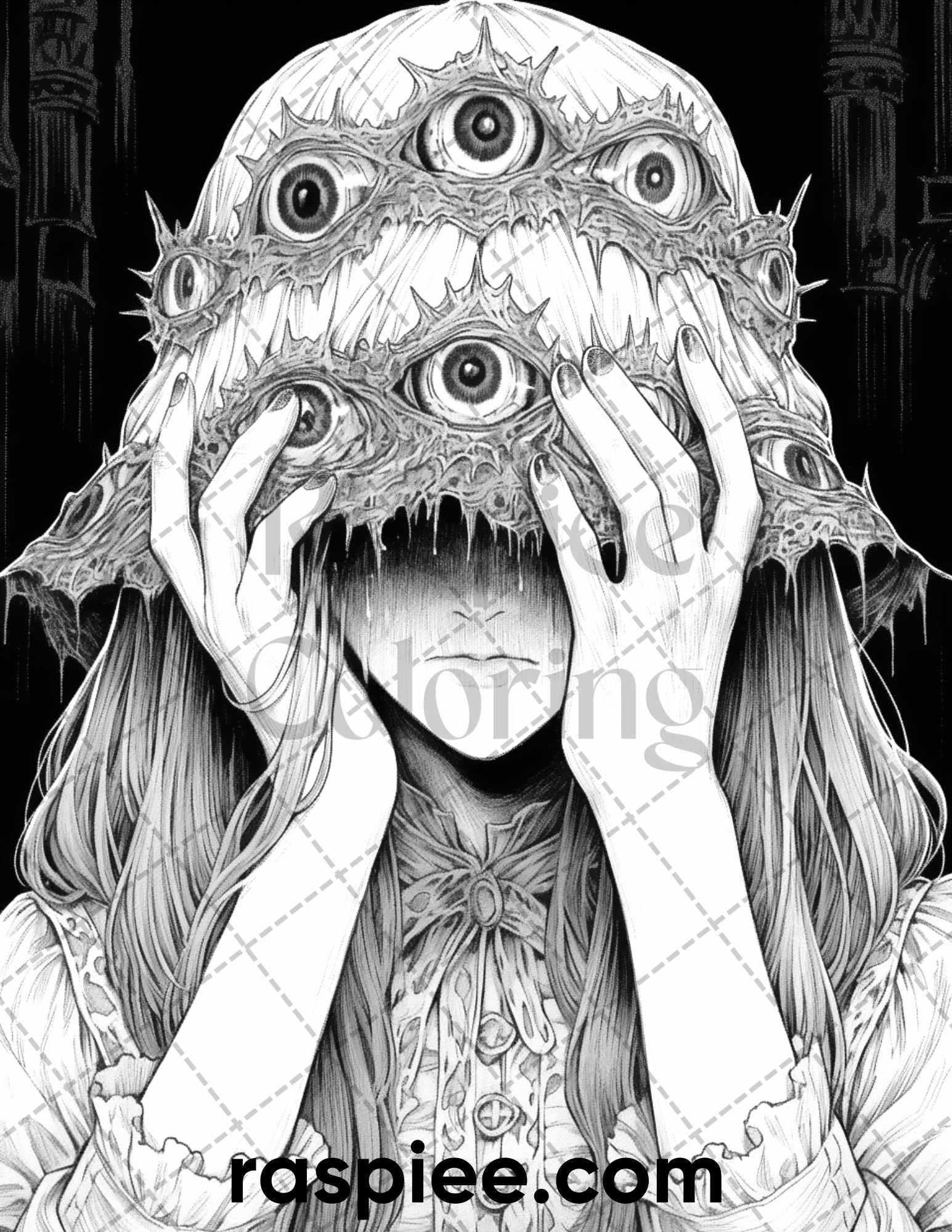 60 Horror Beauties Grayscale Coloring Pages Printable for Adults, PDF File Instant Download