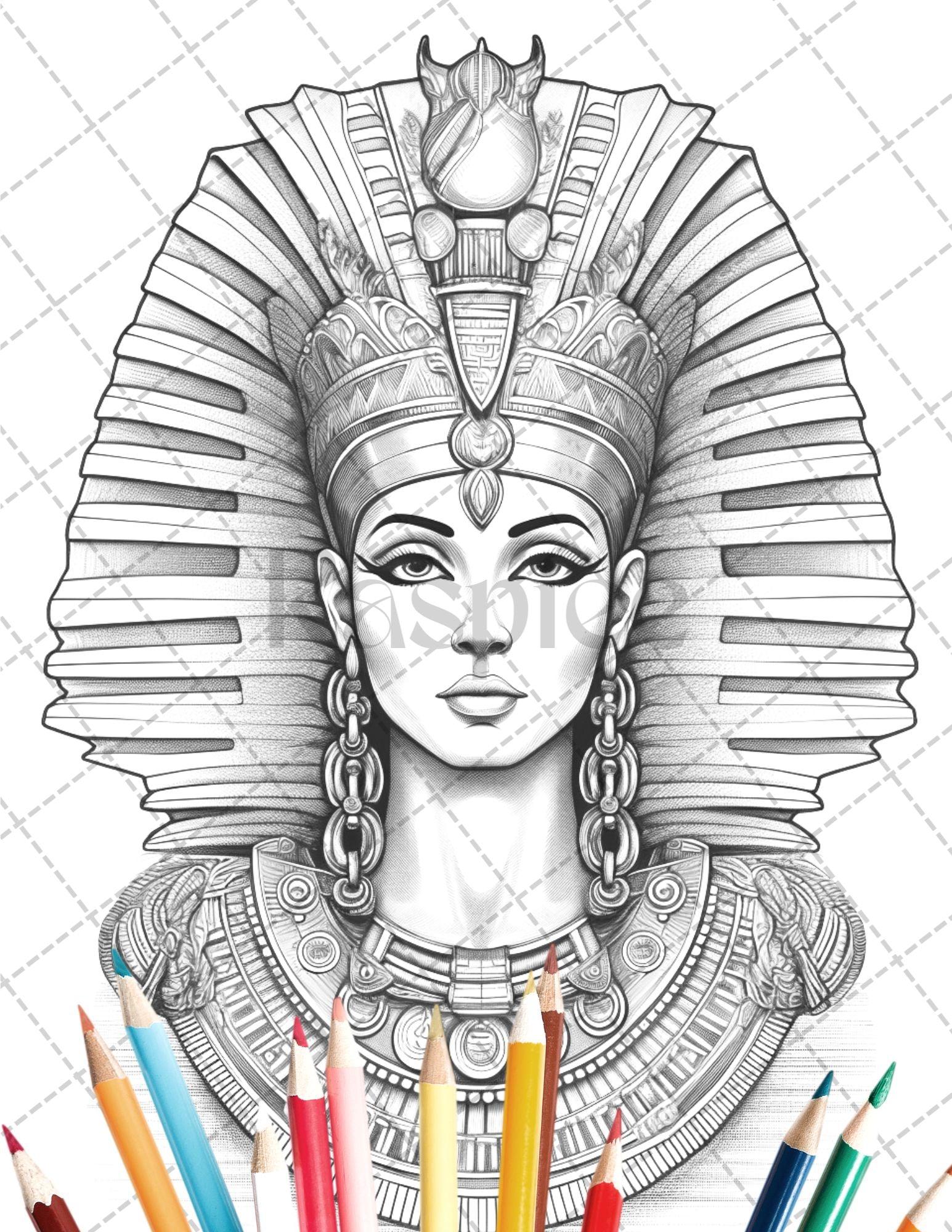 35 Ancient Egyptian Queens Coloring Book Printable for Adults, Grayscale Coloring Page, PDF File Instant Download