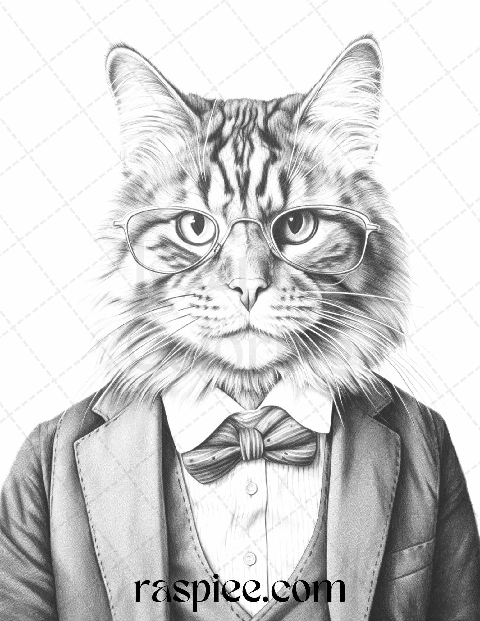 Gentleman Cat Grayscale Coloring Pages Printable for Adults Kids, PDF File Instant Download