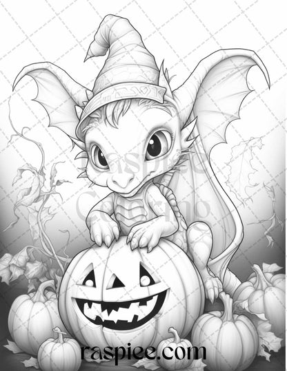 50 Cute Pumpkin Dragons Graycale Coloring Pages for Adults and Kids, Printable PDF File Instant Download