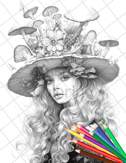 50 Mushroom Fairy Grayscale Coloring Pages Printable for Adults, PDF File Instant Download