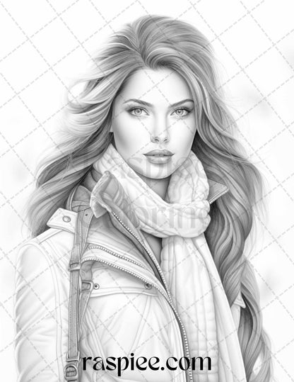 40 Winter Fashion Grayscale Coloring Pages Printable for Adults, PDF File Instant Download