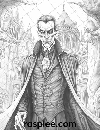 50 Count Dracula Grayscale Coloring Pages Printable for Adults, PDF File Instant Download