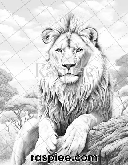 55 Wild Animals Grayscale Coloring Pages for Adults, Printable PDF Instant Download