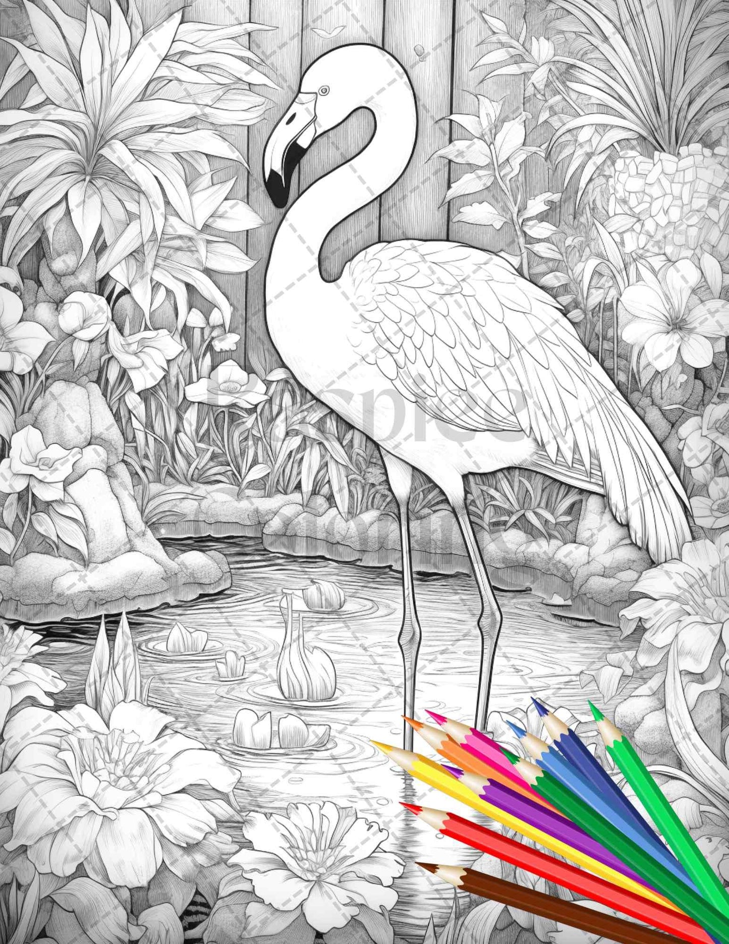 Flamingo Oasis Grayscale Coloring Pages Printable for Adults, PDF File Instant Download