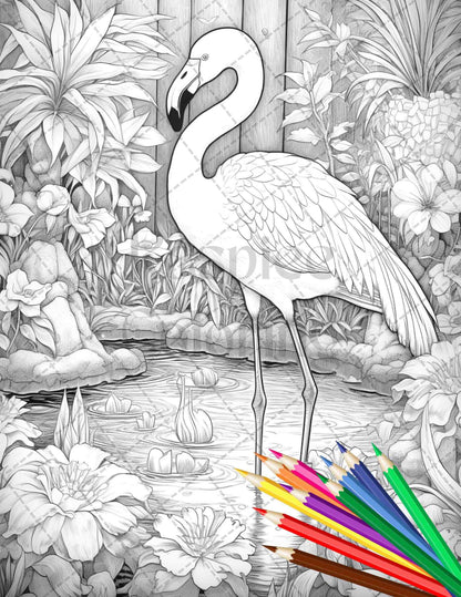 Flamingo Oasis Grayscale Coloring Pages Printable for Adults, PDF File Instant Download