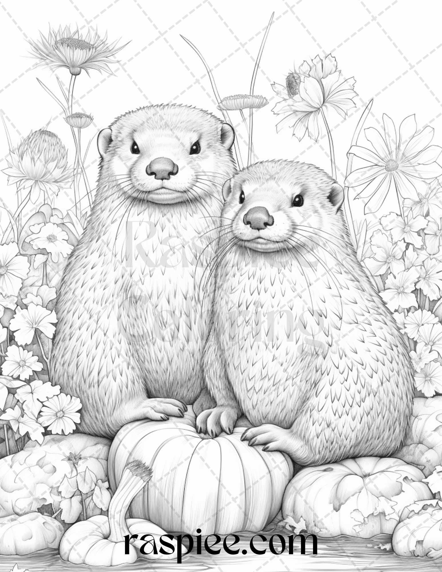 Autumn Animals Grayscale Coloring Pages for Adults and Kids, Printable PDF File Instant Download